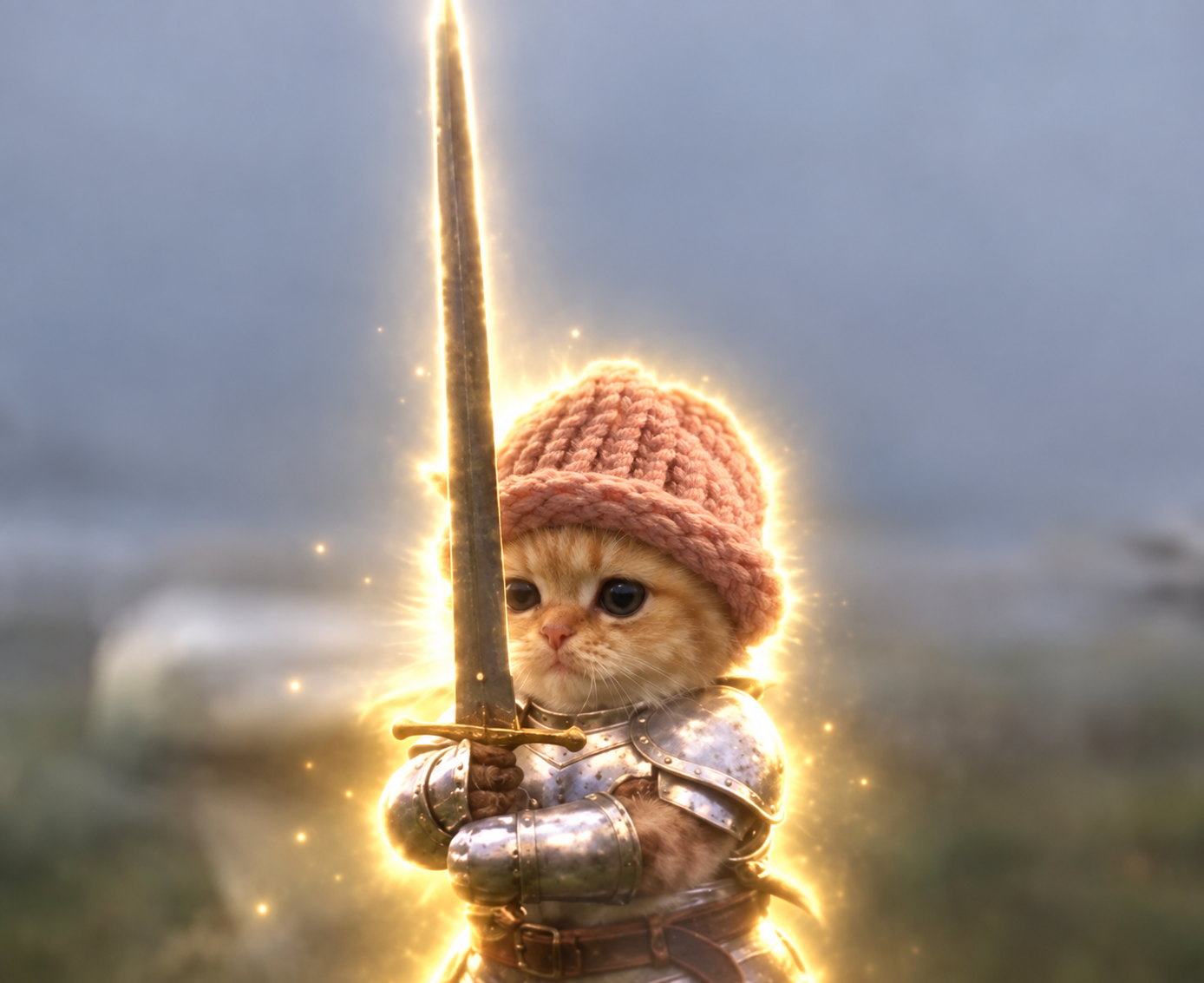 An orange kitten in a knitted pink hat and silver knight's armour, holding a glowing golden sword